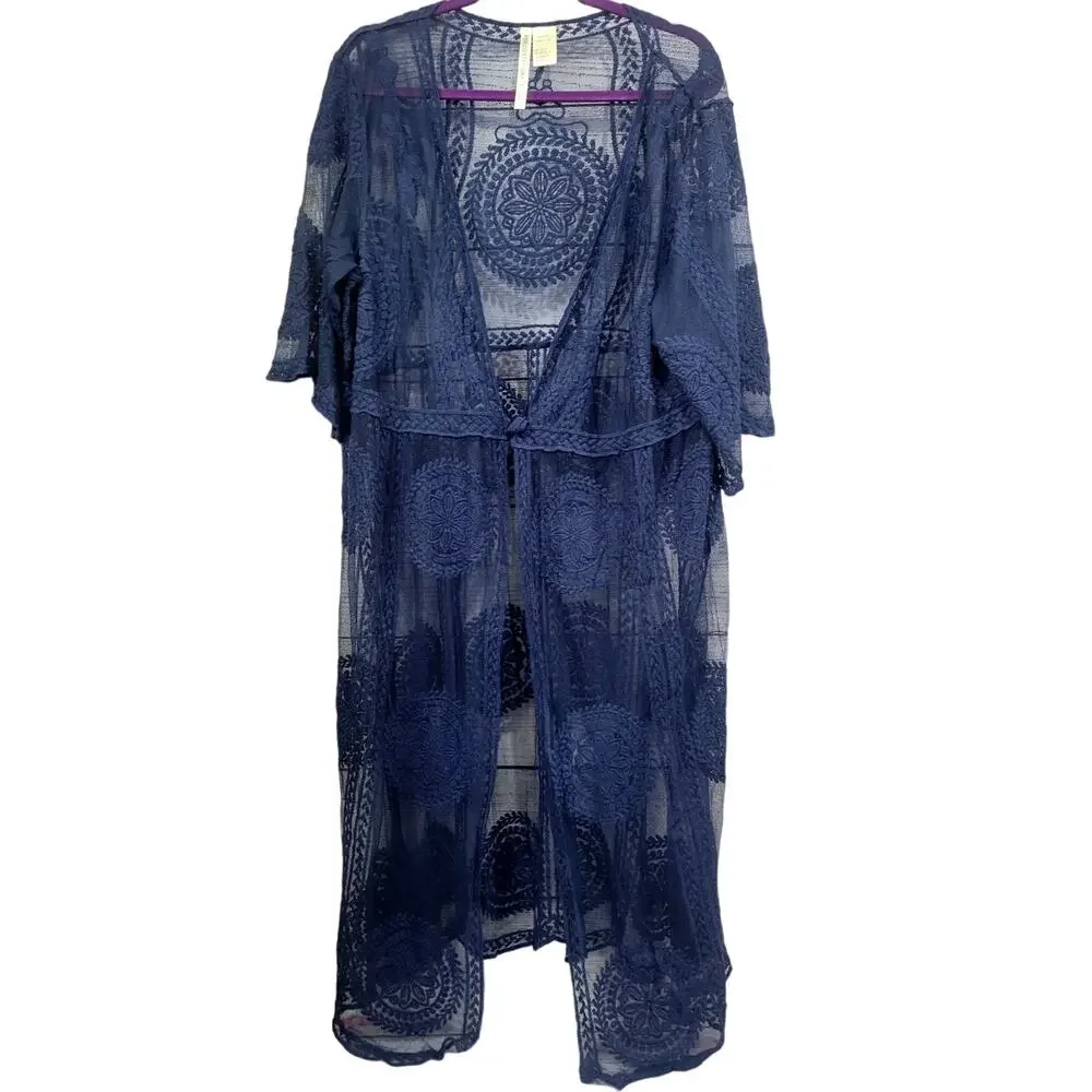 Forgotten Grace Long Lace Boho Swim Cover Up Navy Blue Size 3X